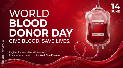 World blood donor day campaign poster with medical bag and red background promoting donation awareness saving lives healthcare support and global social responsibility message