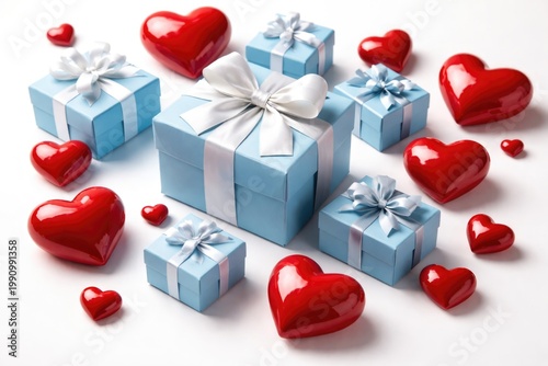 Assorted red heart shapes paired with blue present boxes on a clean white backdrop