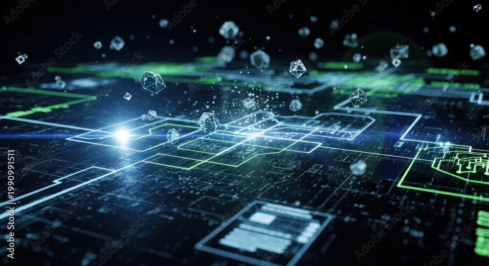 Fototapeta premium Abstract digital circuit board with glowing lines and floating spheres in a futuristic technological concept.