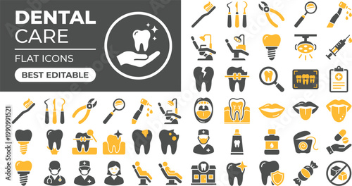Dental care solid icon set featuring dentist clinic tooth, oral hygiene brush, braces implant, and medical checkup vector symbols
