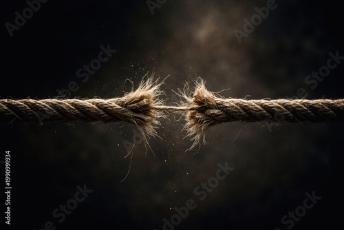 Taut fragile rope threatening to break conveying hazard on dim background