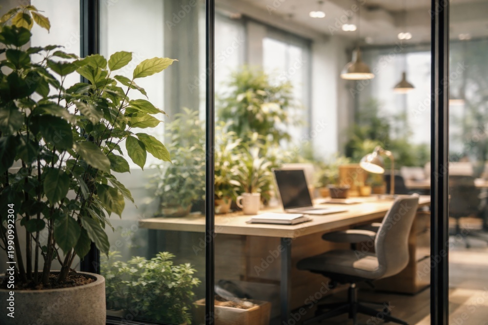 Fototapeta premium Soft focus workspace featuring glass partition and leafy office plant