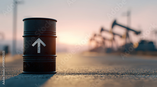 oil barrel marked with an upward arrow stands on a road with pumpjacks in the background, symbolizing increasing oil prices, energy demand, and global market trends