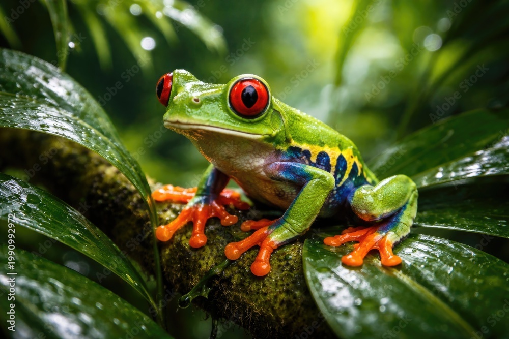 Fototapeta premium Vibrant amphibian perched on dense tropical plant foliage