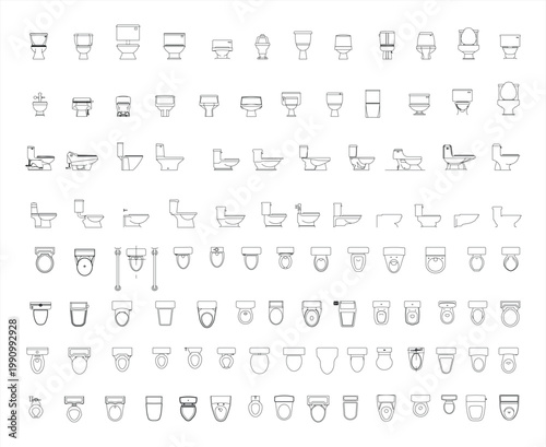 Modern Water Closet Set CAD Drawing – Toilet Bowl and Cistern Technical Plan – Bathroom Sanitary Ware Vector Illustration EPS 10