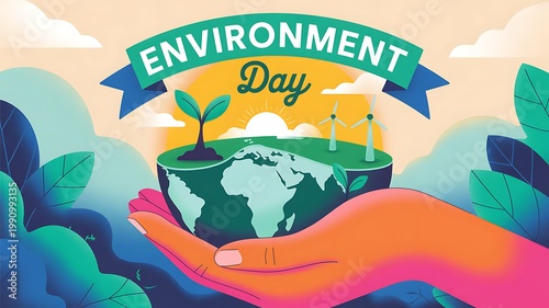 Environment day creative graphic with giant hand holding the planet earth and growing plant for eco awareness