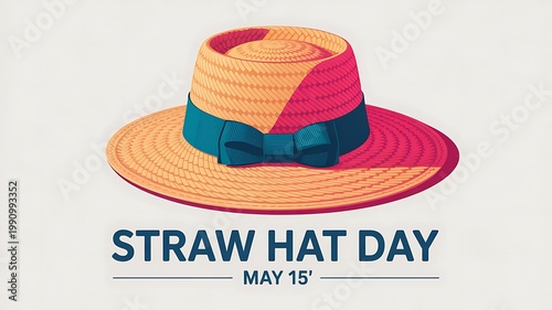 Straw hat day creative illustration for may 15th holiday featuring a classic colorful sun hat with a blue ribbon