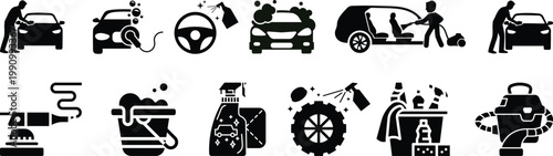 Car service and repair icons element. Garage, engine, oil, maintenance, accelerate icon.Car wash icon set featuring modern cleaning equipment and vehicles.Car cleaning and detailing icons, 