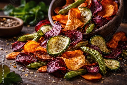 Crispy organic vegan vegetable chips crafted from assorted dried vegetables