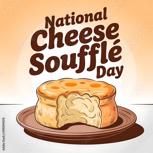 National cheese souffle day celebration graphic with fresh baked savory dish served on ceramic plate, celebration
