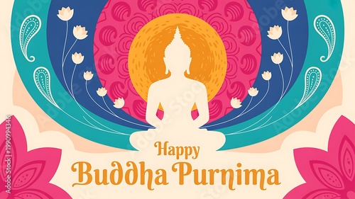 Happy buddha purnima festive card design with silhouette figure and mandala pattern meditation buddhism religion