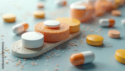 Cross section showing vitamin tablet layers. Composition detail of medicinal pill structure. Core ingredients and nutrient release depicted.