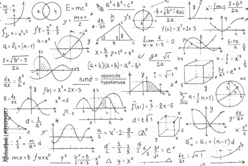 A seamless pattern of hand-drawn math and science formulas features algebra sketches and education doodles on a school blackboard illustration for college physics and chemistry design