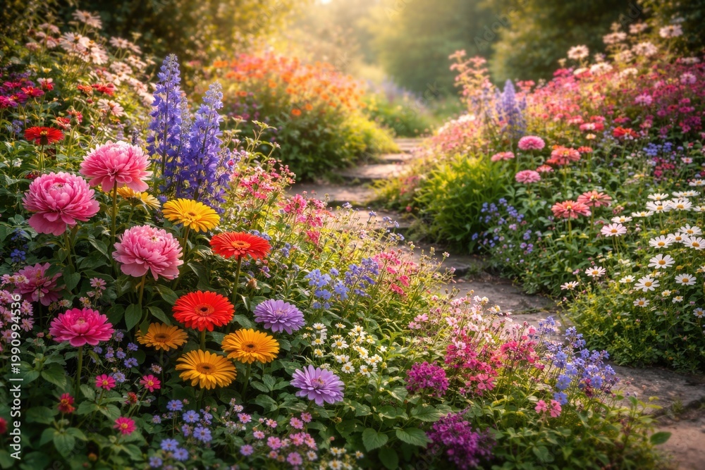 Obraz premium Harmony of Colorful Flowers Flourishing in Calm Natural Garden Setting