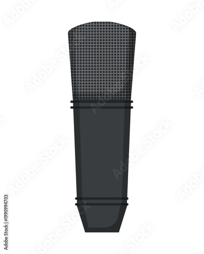 Vector illustration of a black studio microphone. Professional audio equipment icon for recording, podcasting, broadcasting, streaming, and vocal production.