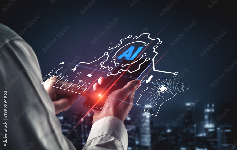 Obraz premium Innovative Technology Concept with Artificial Intelligence Graphics and Mobile Device in a Modern Urban Environment Quark.