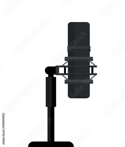 Vector illustration of a studio condenser microphone in shock mount on desk stand. Professional audio equipment for recording, podcasting, streaming, and broadcasting.