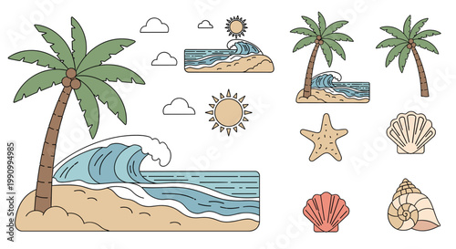 A cheerful cartoon illustration of a palm tree nestled in sand, with the ocean in the background, evoking a relaxing, tropical vacation mood for trave