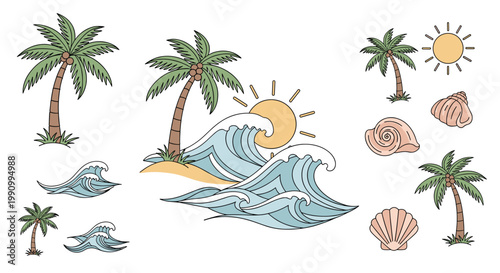 A whimsical illustration capturing a peaceful coastal scene. Perfect for travel blogs, website design, or to evoke a sense of calm and relaxation.