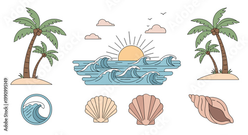 A cheerful and inviting illustration depicting a small island with a palm tree and an ocean wave, perfect for travel marketing or promoting a relaxed 
