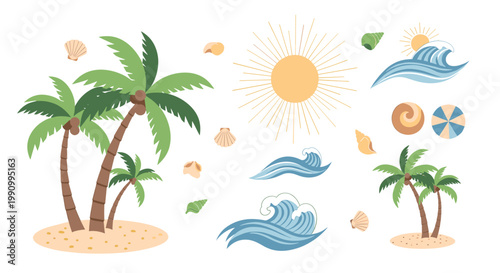 A cheerful illustration of a palm tree's base and fronds, evoking a sense of paradise and relaxation. Ideal for travel, resort, or summer themed marke