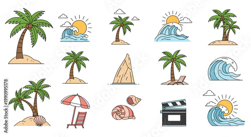 A cheerful illustration of a tropical island scene, perfect for conveying relaxation, vacation vibes, and an escape to paradise for website banners an