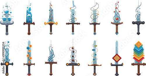 Fantasy magic sword collection with elemental effects, energy blades and enchanted weapons in detailed flat style for game assets and RPG design
