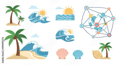 A serene illustration of a palm tree on a sandy beach evokes relaxation and tropical vacations, perfect for travel marketing or a calming website desi