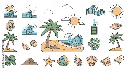 Cheerful cartoon icons evoke feelings of relaxation and escape. Perfect for travel blogs, summer promotions, or any design needing a vibrant, tropical