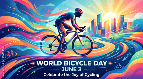 Colorful urban cycling scene with vibrant motion waves expressing freedom energy and sustainable lifestyle movement for global awareness campaign creative poster design