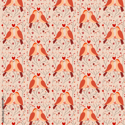 Fotografie A charming seamless pattern features pairs of adorable lovebirds kissing with hearts, surrounded by delicate branches and small flowers, perfect for romantic celebrations