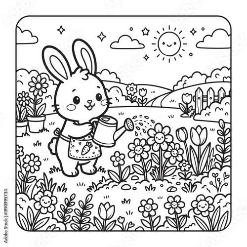 Rabbit Watering Flowers Coloring Page for Kids Cute Kawaii Simple Bold Outline Fun Art