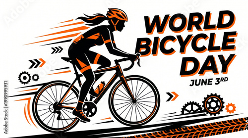 Energetic cyclist racing with speed lines showcasing performance motion and active transport lifestyle concept for global awareness campaign modern poster design