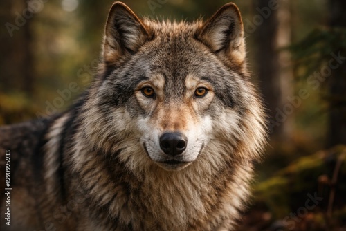Detailed face of a wild tundra wolf against a blurred woodland backdrop