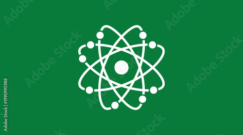 The atomic structure model is depicted on a green background for educational purposes.
