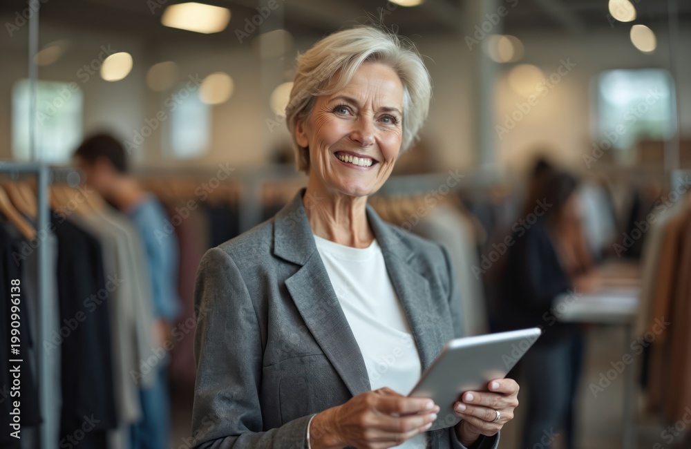 Fototapeta premium Smiling senior woman holds tablet in clothing store workshop. Wears blazer, checks inventory designs. Workers in background manage retail shop. Seems excited about small business success.