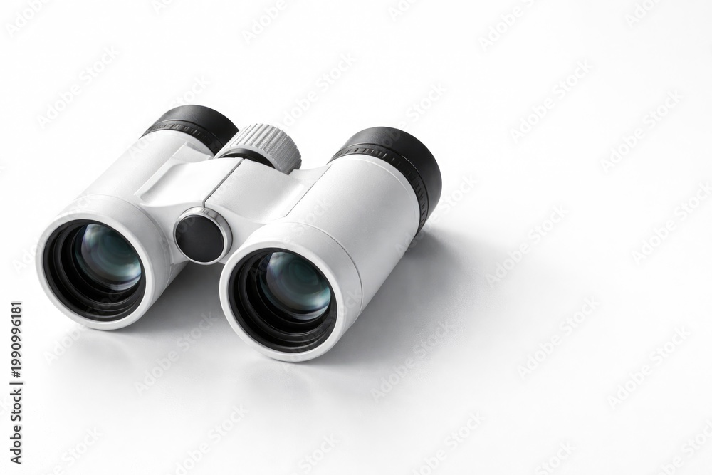 Fototapeta premium Close up of white binoculars on bright white surface with copy space area