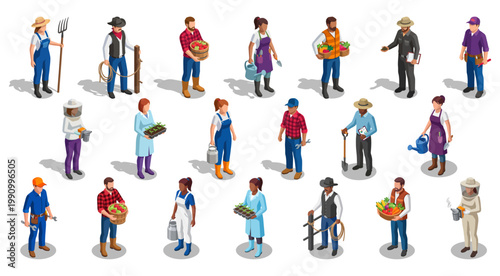 Agricultural farm workers and farmers set | diverse professional agricultural staff | isometric vector characters collection for harvest and cultivation