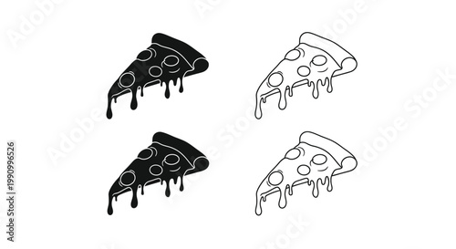 Two dripping pizza slices depicted in contrasting styles a silhouette