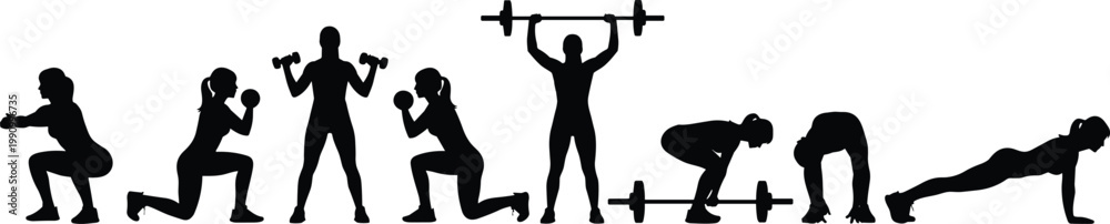 Naklejka premium Black silhouette vector set of strength training exercises, fitness workout poses with dumbbells and barbells for gym, health, sport, and illustration