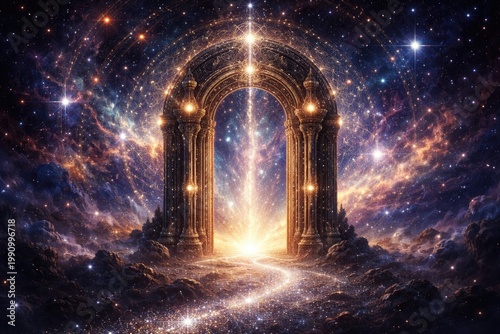 Artistic raster depiction of a celestial gate amid star patterns