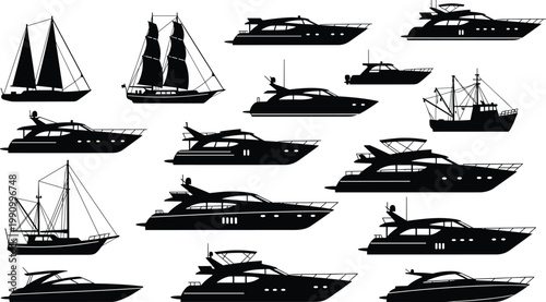 Boat and yacht silhouette vector set, sailboats, motor vessels, fishing ships for ocean, travel, maritime, design, and illustration content