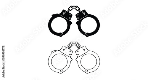 Black and white illustration of handcuffs in outline and filled silhouette