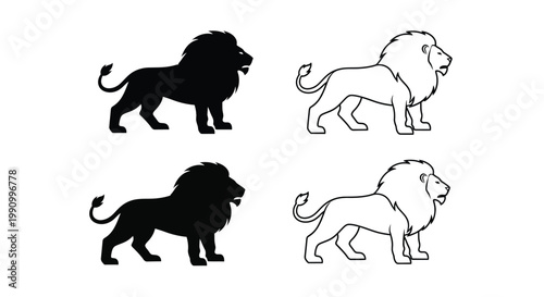 Four depictions of a majestic lion both solid and in silhouette