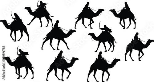 Camel rider silhouette set, desert warriors with swords, traditional travel poses, cultural heritage vector for history, art, and design