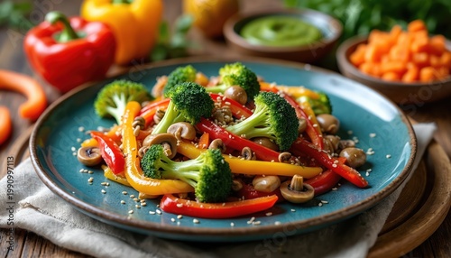 Colorful stir fried vegetables on plate with broccoli, mushrooms, bell peppers. Healthy vegan dish with sesame seeds, served on blue ceramic plate, rustic table setting.