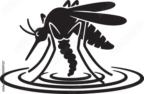 Black and white silhouette of a mosquito standing on water with ripples.