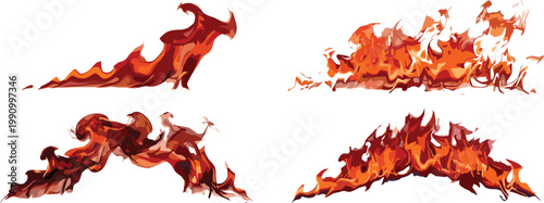 Stylized flame illustrations in vibrant red, orange, yellow tones, dynamic fire vector design, artistic heat shapes, burning energy elements