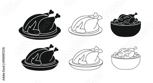 Thanksgiving dinner icons featuring turkey and side dishes silhouette
