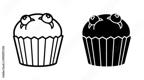 Blueberry muffin icon set in outline and solid black style